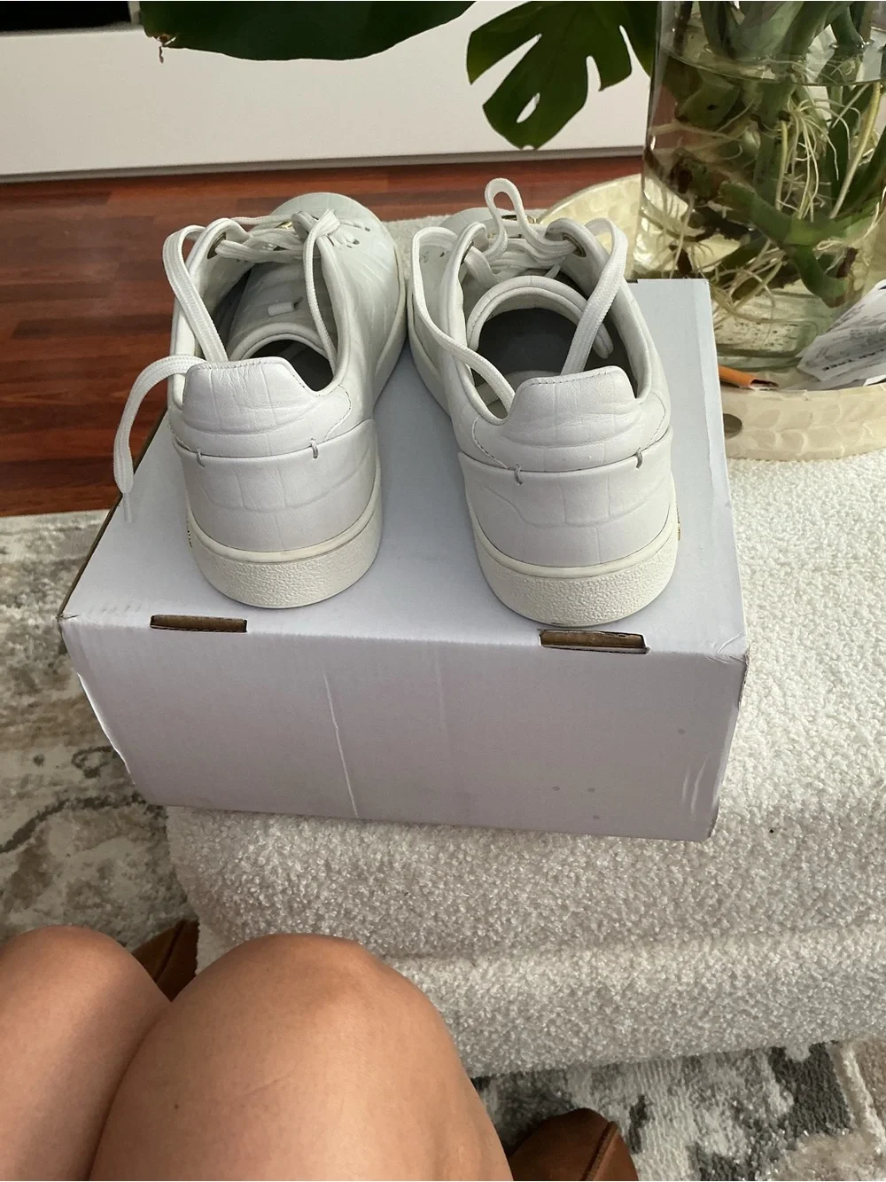 Louis Vuitton White Croc-Embossed Sneakers with Gold V Accents